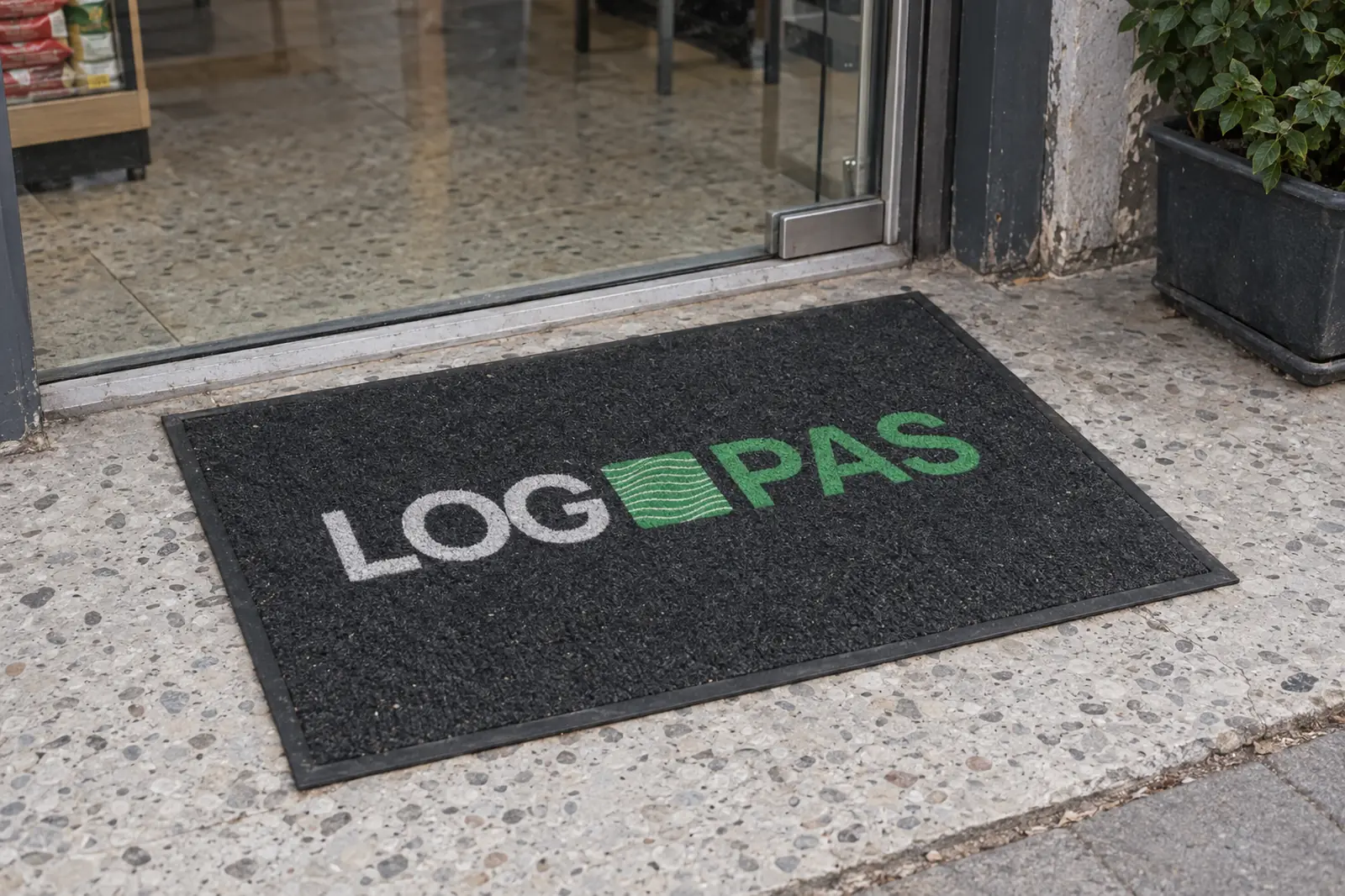 Mağaza girişinde LOGOPAS logolu kadife paspas